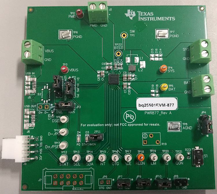 BQ25601EVM-877 bq25601单芯3-A电池充电器评估模块，带NVDC电源路径管理板图像